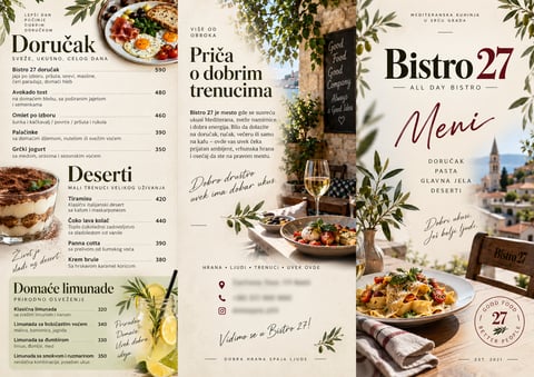 Portfolio primer Trifold A4 flajera za bistro i restoran